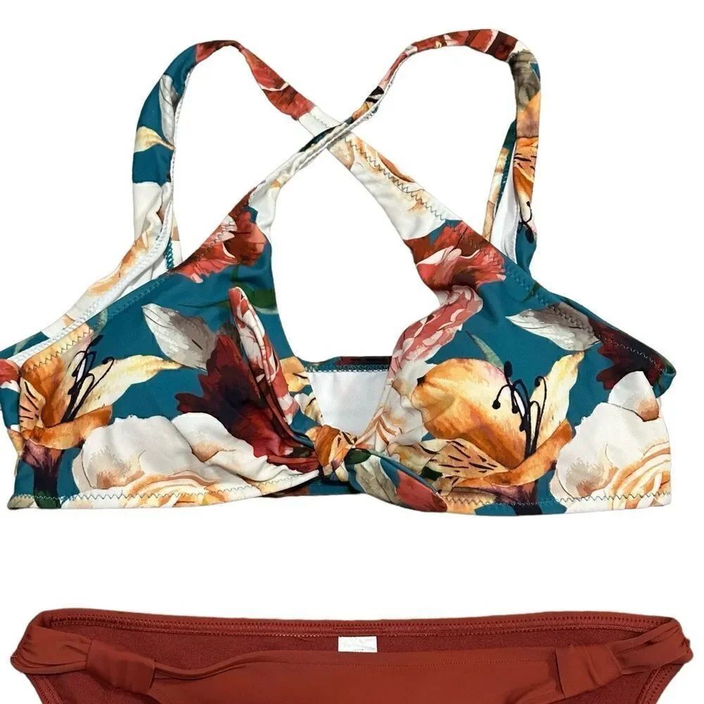 Rust Color & Floral Longline Bikini Size Medium - Picture 4 of 7